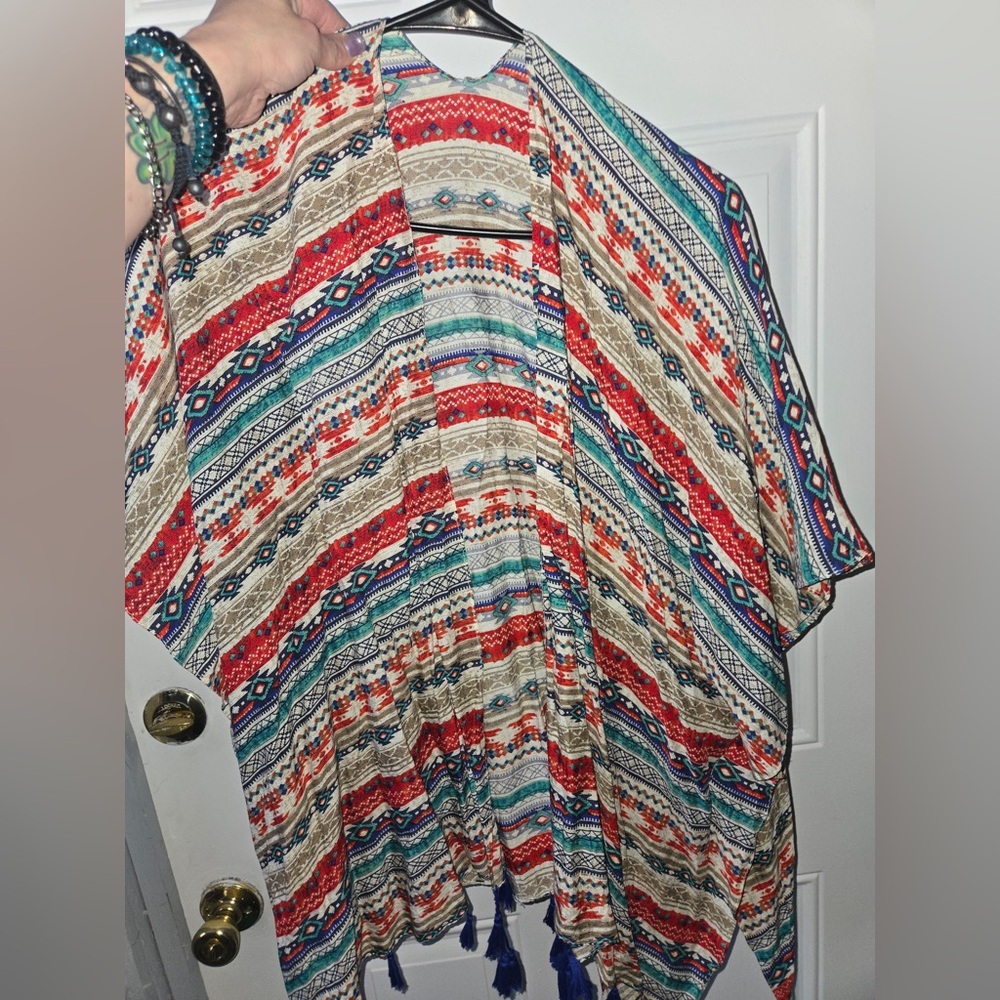 Colorful Patterned Kimono with Tassels